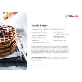 Vitamix Ascent Series A2500i Blender lifestyle recipe card showing Waffle Batter recipe with ingredients and instructions