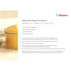Vitamix Ascent Series A2500i Blender lifestyle shot showing apple pear baby food sauce recipe card with blended result in a glass jar
