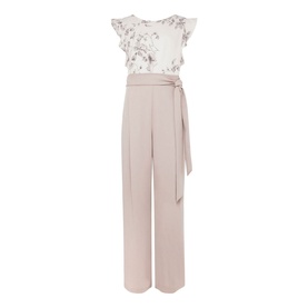 Phase Eight Victoriana Printed Jumpsuit in cream, floral print ruffle-sleeve top, wide-leg trousers with tie waist belt and pleat front