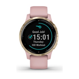 Garmin V&iacute;voactive 4 Small Smart Watch in pink with gold-tone case, silicone strap, displaying hill workout screen