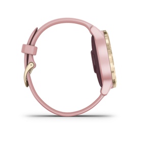 Garmin V&iacute;voactive 4 Small Smart Watch in pink with gold-tone case and buckle strap, side profile view