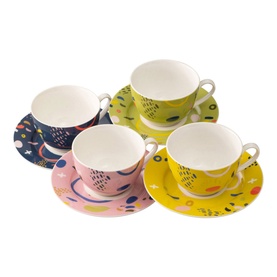Aynsley Verdant Teacups and Saucers Set of 4 in multicolour abstract prints &mdash; navy, pink, green and yellow, white interiors