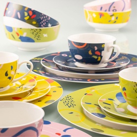 Aynsley Verdant Teacups and Saucers Set of 4 in multi colourway, featuring bold abstract patterns in yellow, navy