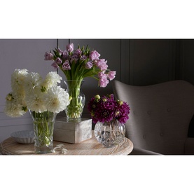 Waterford Lismore 6inc Rose Bowl in cut crystal, styled with white and purple floral arrangements on a wooden side table