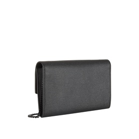 Saint Laurent Uptown Embossed Leather Chain Wallet in black with gunmetal chain strap, structured rectangular silhouette, angled view