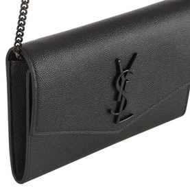 Saint Laurent Uptown Embossed Leather Chain Wallet in black with tonal YSL logo and gunmetal chain strap