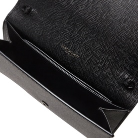 Saint Laurent Uptown Embossed Leather Chain Wallet in black, open interior view showing structured compartments and card slots