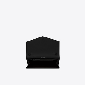 Saint Laurent Uptown Embossed Leather Chain Wallet in black, shown open to reveal interior compartments and card slots
