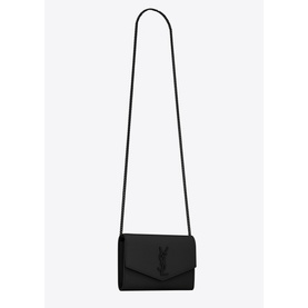 Saint Laurent Uptown Embossed Leather Chain Wallet in black with tonal YSL logo, long chain shoulder strap, and envelope flap closure