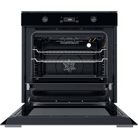 Whirlpool W Collection Built-In Electric Oven in black, front view with door open showing interior racks and fan element