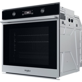 Whirlpool W Collection Built-In Electric Oven in silver, angled view showing black glass door, interior racks, and digital control panel