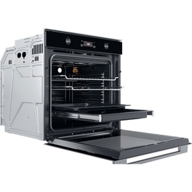 Whirlpool W Collection Built-In Electric Oven in silver, shown open at an angle with pull-out rack and black interior cavity visible