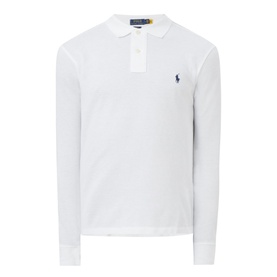 Ralph Lauren Long Sleeve Slim Fit Polo Shirt in white, pointed collar, iridescent buttons, embroidered pony logo, long sleeves