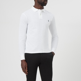 Model wearing Ralph Lauren Long Sleeve Slim Fit Polo Shirt in white with pointed collar and embroidered logo, styled with black trousers