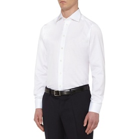 Model wearing Eton Fine Twill Single Cuff Shirt in white, styled with black trousers and leather belt