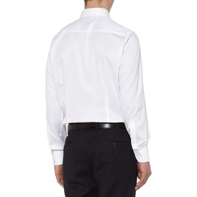 Model wearing Eton Fine Twill Single Cuff Shirt in white, rear view, styled with black trousers and belt