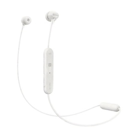 Sony Wireless In-Ear Headphones in silver, with inline remote control and flexible neckband cable, white earbuds visible