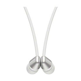 Sony Wireless In-Ear Headphone in silver, close-up of metallic earbuds with white cable