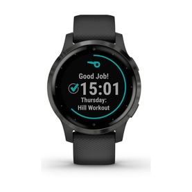 Garmin Vivoactive 4S Watch Small in black, round dial displaying Hill Workout activity screen, black silicone strap