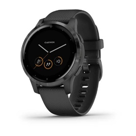 Garmin Vivoactive 4S Watch Small in black, round dial with dark face, black silicone strap, rose gold accents