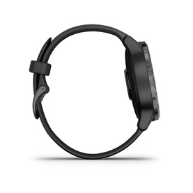 Garmin Vivoactive 4S Small Smartwatch in black, side profile view showing round case and black silicone strap