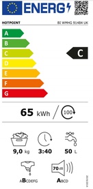 Indesit 9KG 1400 Spin Integrated Washing Machine EU energy label, rated C, 65kWh per 100 cycles, 9kg load, 3:40 cycle time, 50L drum