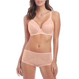 Model wearing Wacoal Underwired Net Effects Bra in Nude, full cup style with floral lace detail, styled with matching lace shorts