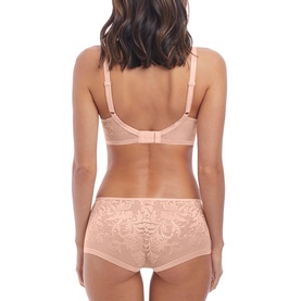 Model wearing Wacoal Underwired Net Effects Bra in Nude, full cup style with floral lace detailing, shown with matching briefs, back view