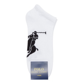 Ralph Lauren Three-Pack Sport Socks in white with black polo player graphic, shown with branded packaging