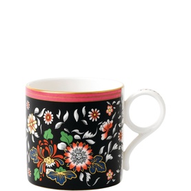 Wedgwood Archive Jewel Mug in black with multicolour floral pattern and pink rim detail, ceramic with loop handle