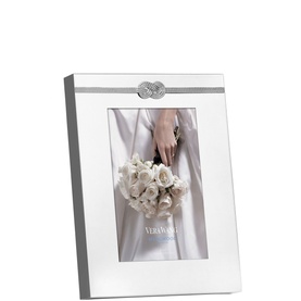 Wedgwood Infinity Small Photo Frame in silver with entwined infinity knot emblem, grosgrain ribbon detail, 4x6 inch size