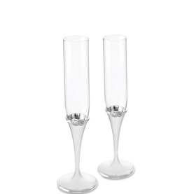 Wedgwood Infinity Toasting Flute Set of Two, clear glass with white frosted stems and silver floral detail at base