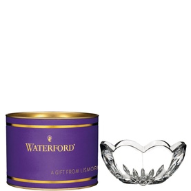 Waterford Giftology Lismore Heart Bowl in clear crystal, heart-shaped with cut detailing, shown with purple gift cylinder packaging