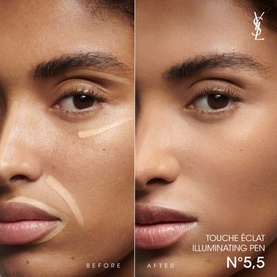 Yves Saint Laurent Touche &Eacute;clat Illuminating Pen No.5.5 before and after close-up showing concealer applied under eye on medium-deep skin tone