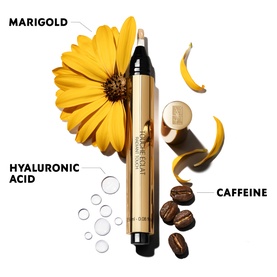 Yves Saint Laurent Touche Eclat concealer pen in gold packaging with marigold, hyaluronic acid droplets and caffeine coffee beans