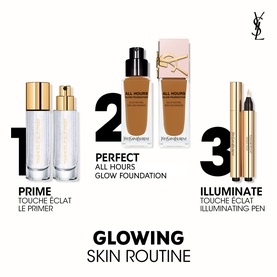 Yves Saint Laurent Touche &Eacute;clat glowing skin routine featuring Prime, Perfect, and Illuminate steps with primer, foundation, and illuminating pen