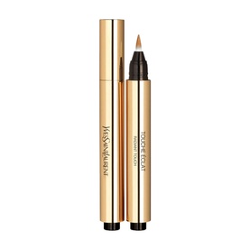 Yves Saint Laurent Touche Eclat concealer pen in gold packaging with applicator tip, shown open and closed