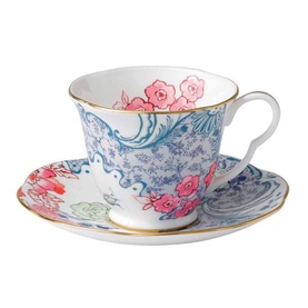 Wedgwood Butterfly Bloom Teacup and Saucer set in multicolour blue floral and pink rose print with gold trim detailing