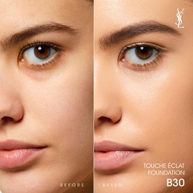 Yves Saint Laurent Touche &Eacute;clat Foundation before and after comparison on model's skin, showing shade B30 coverage and glow finish