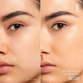 Yves Saint Laurent Touche &Eacute;clat Foundation before and after skin comparison shot in shade BD30, showing natural glow finish on model's complexion