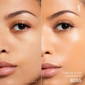 Yves Saint Laurent Touche &Eacute;clat Foundation before and after split shot on model's skin in shade BD55, showing natural glow finish