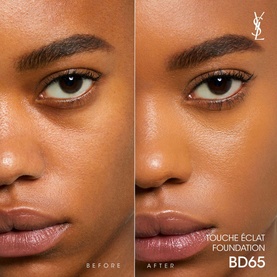 Yves Saint Laurent Touche &Eacute;clat Foundation before and after split shot on model's skin, shade BD65, showing natural glow finish