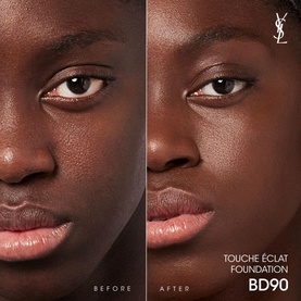 Yves Saint Laurent Touche &Eacute;clat Foundation shade BD90 before and after comparison showing coverage and radiant finish on deep skin tone