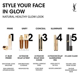 Yves Saint Laurent Touche &Eacute;clat Le Teint foundation shown in a 5-step Natural Healthy Glow Look routine with primer, concealer