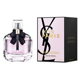 Yves Saint Laurent Mon Paris Eau de Parfum 90ml bottle with black bow beside pink and black gift box