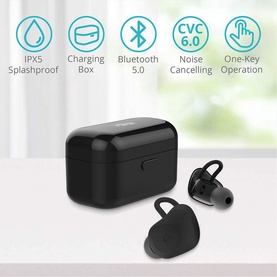 iStar True Wireless Bluetooth Noise Cancelling Headphones in black with charging case, IPX5, CVC 6.0, Bluetooth 5.0 icons shown