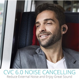 Model wearing iStar True Wireless Bluetooth Noise Cancelling Headphones in black, seated by a train window in a grey blazer