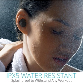 Model with iStar True Wireless Bluetooth Noise Cancelling Headphones in black, shown water-resistant during workout with IPX5 splash resistance
