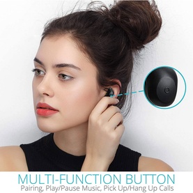 Model with iStar True Wireless Bluetooth Noise Cancelling Headphones in black, with inset detail highlighting the multi-function button