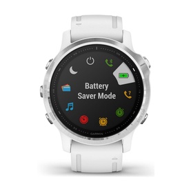 Garmin Fenix 6S smartwatch in silver with white band, round face displaying Battery Saver Mode screen with app icons